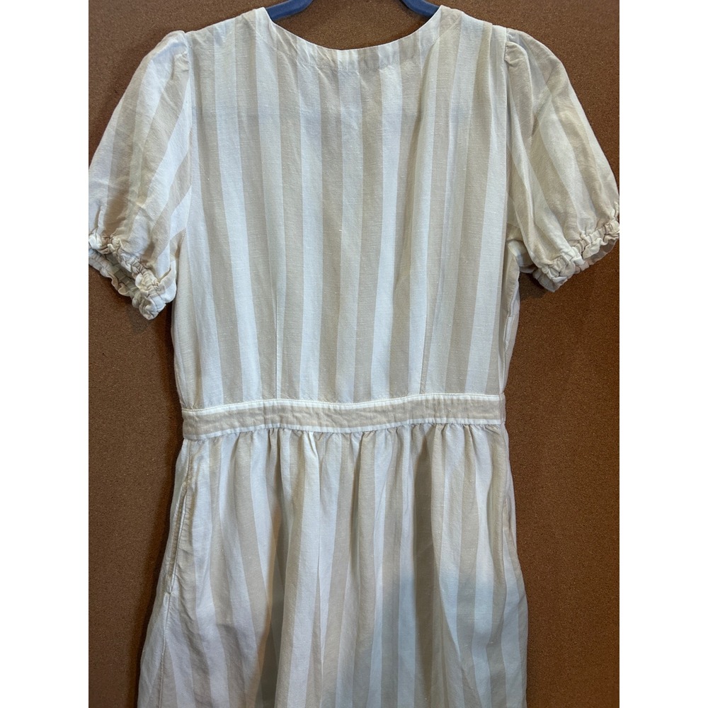 LOFT Striped Button Front Dress Womens 8 Beige White Puff Sleeve Excellent - Picture 5 of 6